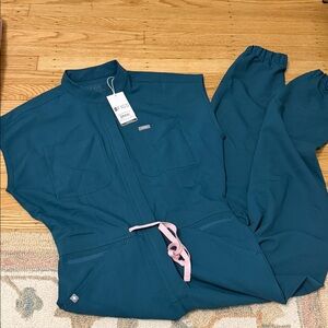 Figs BNWT Teal Jumpsuit with Pink Accents Small